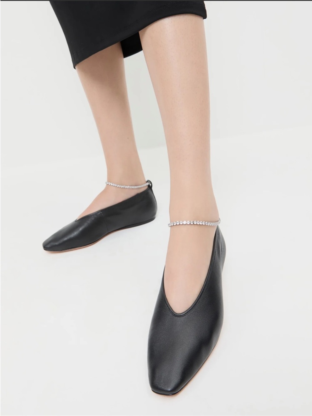 Loeffler Randall Black Leather Ballet Flats with Crystal Ankle Strap - Picture 2 of 8